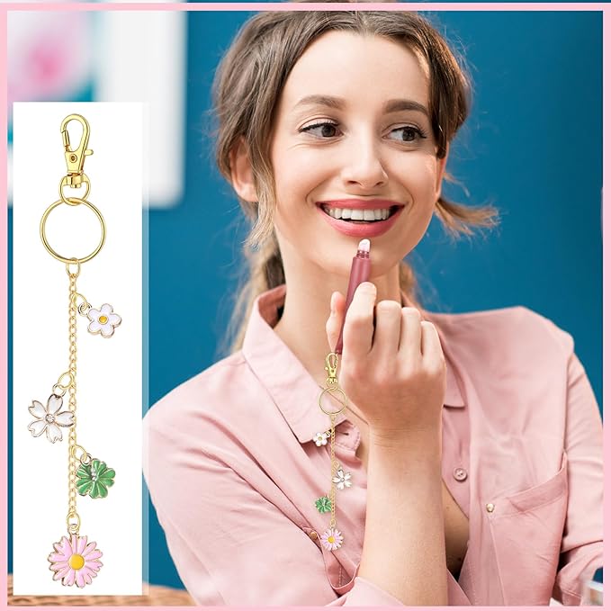VioraWhite 213 Pcs Lip Gloss Keychain Making Kit 100 Pink Enamel Charms 32.81 ft Gold Chains for DIY Crafts Women(Floral)