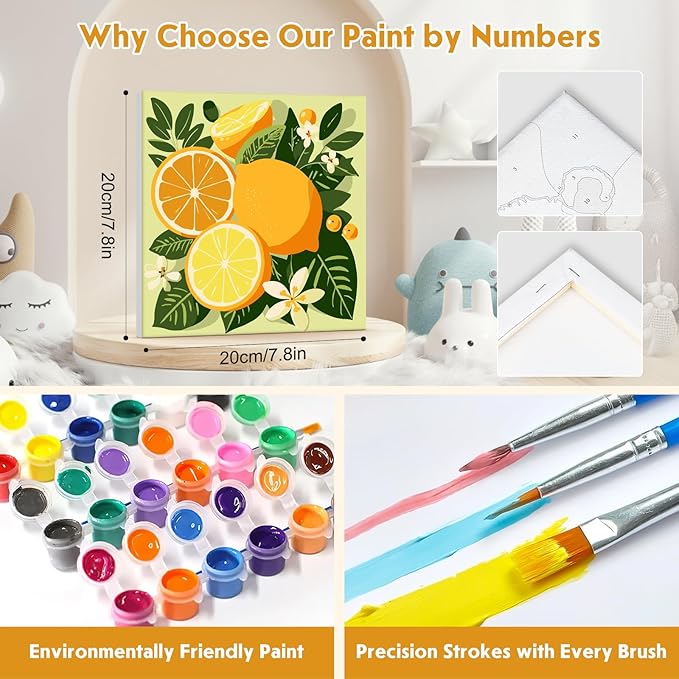 4 Pack Paint by Number for Kids with Wooden Frame, Lovely Watercolor Fruit Paint by Numbers for Kids Ages 8-12, Orange, Lemon, Peach, Pear, DIY Acrylic Oil Painting for Home Wall Decor 8X8 inch