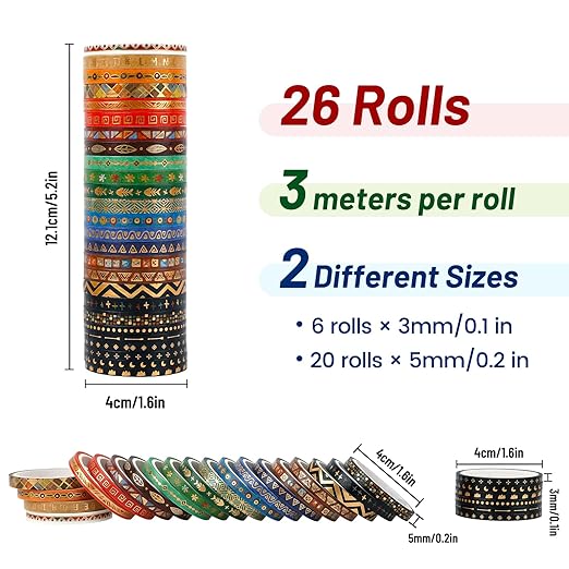 Dizdkizd Slim Washi Tape, Foil Gold Washi Tape Skinny for Planners Scrapbooks Cards Decoration, Tribal Ethnic Patterns, 3mm/5mm, 3m per Roll, A Set of 26 Rolls