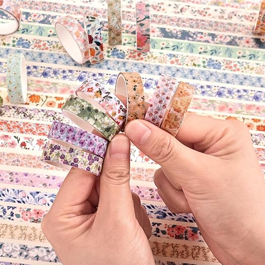 60 Rolls Flowers Theme Washi Tape Set with Different Colorful Patterns, Writable Decorative Tapes for Scrapbooking, Junk Journal Supplies, Bullet Journaling, 0.39'' x 79'' per Roll