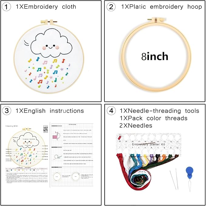 Crafmanoe Cute Embroidery Kits for Beginners Adults, Hand Embroidery Starter Kits, Stamped Cross Stitch Kits for Beginner Adult Craft Kits for Women, Entire Set of Embroidery Supplies & Video Tutorial