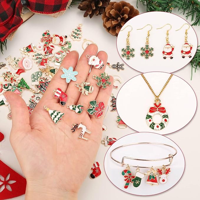 Acejoz 100Pcs 50 Pairs Christmas Charms for Jewelry Making and Bracelets, Gold Enamel Jewelry Pendants for Xmas Earring Bracelet Necklace Craft Making