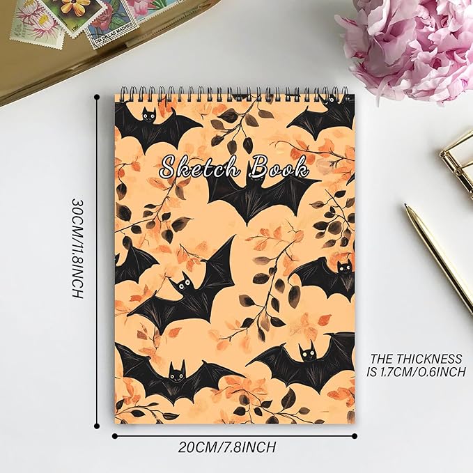Cabreche Cute Sketchbook Top Spiral Bound Sketch Pad, 9 x 12 inch,100GSM Thick Paper,50 Sheets 100 Pages,Art Sketch Book Artistic Writing Drawing Paper for Girls Women Beginners-Orange Bat