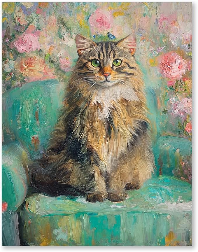 RLTXBUK Cat Cross Stitch Kits, Whimsical Floral Siberian Cat Stamped Counted Cross Stitch Kits for Adults, Pet Lover Gifts for Women, 11.8x15.8 Inch