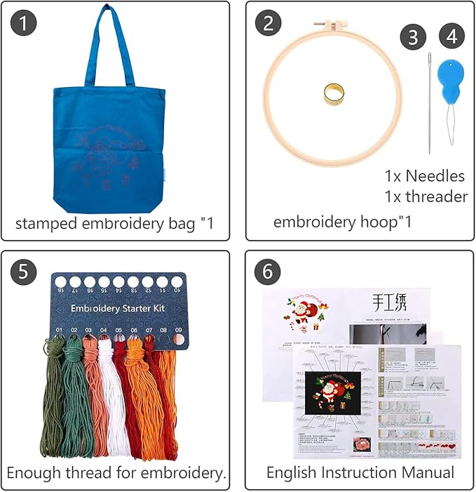 CREAWONDER Canvas Tote Bag Embroidery Kit with Pattern for Beginners, Arts and DIY Embroidery Crafts Kits for Adults, Include Instructions, Thimble, Embroidery Hoops, Color Threads and Tool
