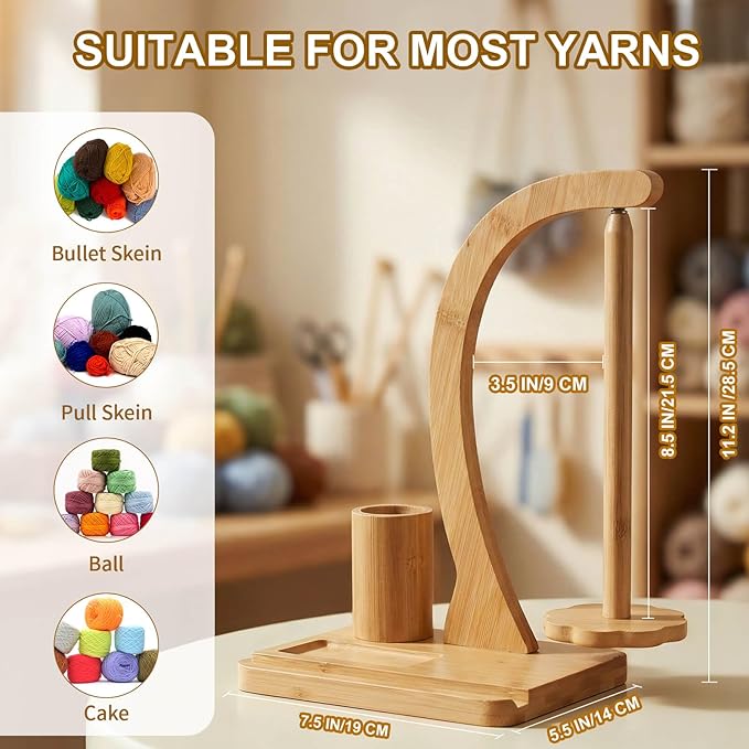 SPEENSUN Yarn Holder for Crochet, Bamboo Yarn Spinner with Magnetic Rotating Anti-Tangle Design, 1.1lbs Capacity, 3-in-1 Storage for Hooks/Markers, Phone Stand, Best Crochet Accessories Gifts