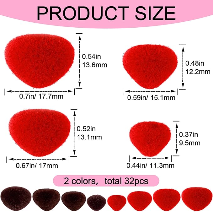 CustomyLife 32pcs Safety Noses for Amigurumi, 4 Sizes Plastic Craft Doll Noses with Washers, Flocking Stuffed Noses for Crochet Puppet Plush Toy Accessories- Red & Brown