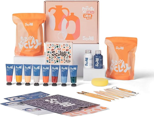 Sculpd - The Original Pottery Kit for Adults - Includes Air Dry Clay for Adults, Sculpting Tools, Varnish, Paint Brushes, Guides, Couples Date Night Arts & Crafts Set, Gloss Varnish with Earth Tones