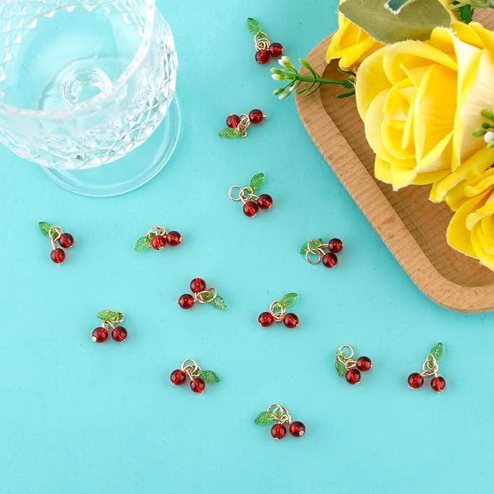 30pcs Red Cherry Charms, Cute Glass Red Fruit Pendants with Loop DIY Jewelry Making Accessories for Bracelet Necklace Earrings