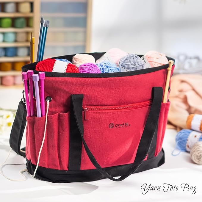 Canvas Yarn Storage Organizer Bag Washable Crochet Bag with Pockets for Yarn, Hooks, Needles – Travel Knitting Tote for Crafters – Gift for Crocheters & Knitters (Medium/Large)