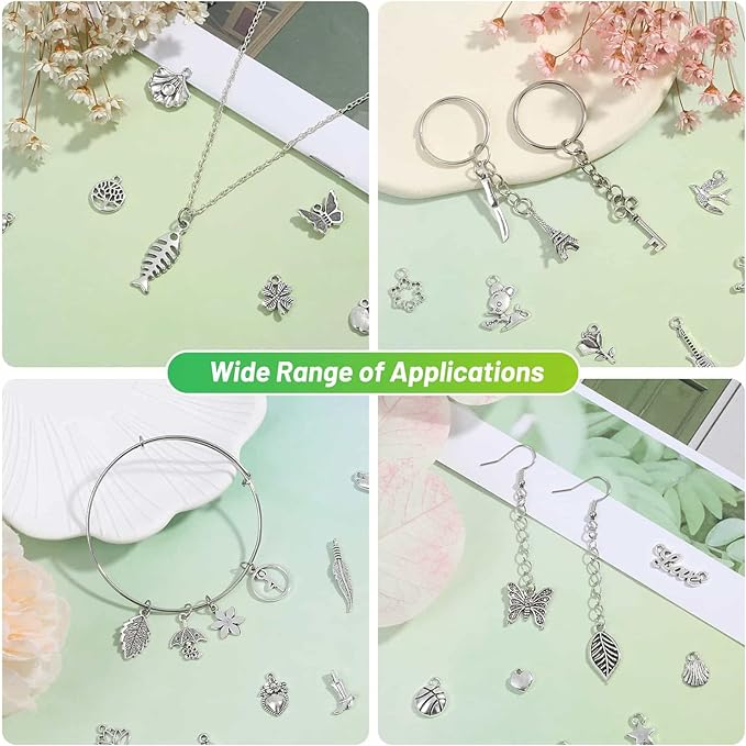 Acejoz 200Pcs Silver Charms for Jewelry Making and Bracelets, Wholesale Bulk Assorted Mixed Tibetan Earring Charms for DIY Necklace Bracelet Jewelry Making and Crafting