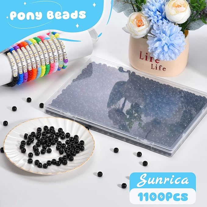 sunrica 1100pcs black pony beads 6x9mm bulk large hole plastic beads for kandi, hair braids, keychains, jewelry making