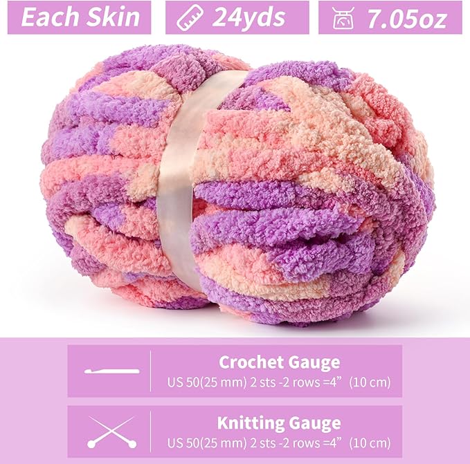 10 Pack Jumbo Chunky Yarn for Hand Knitting, Fluffy Chunky Chenille Yarn for Crocheting, Variegated Chunky Knit Baby Blanket Yarn, 240 yds /70.5 oz Super Bulky Yarn（Pinkish Purple）