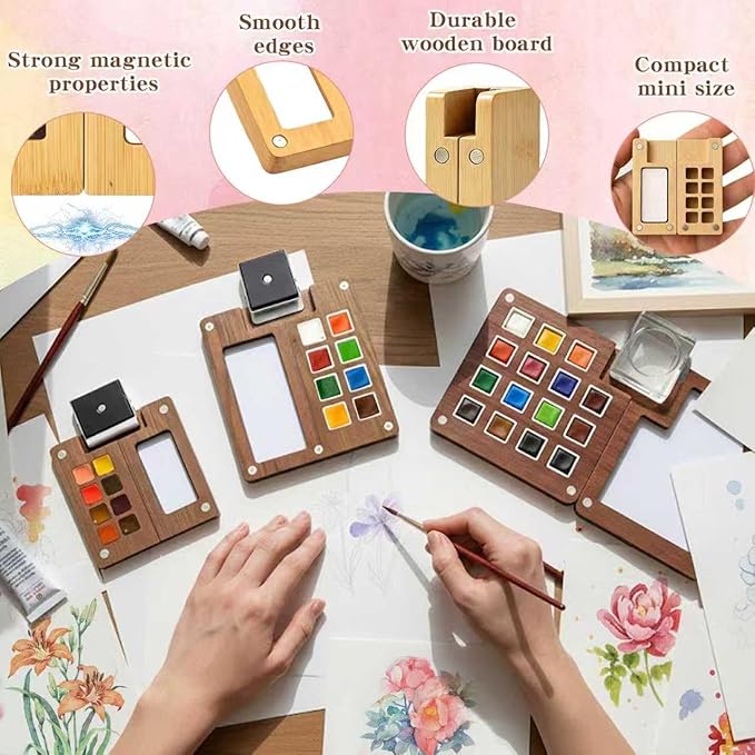 Mini Watercolor Paint Set - Mini Travel Watercolor Palette Set, Pocket Water Color Paint Palette Kit with 12 Colours, Sketchbook, Pens, Wooden Paints Box for Painters Artists