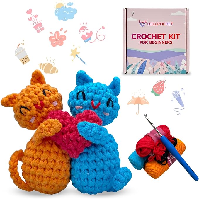 Love Heart Cat Crochet Kit for Beginners, Learn to Crochet Animal Starter Set with Video Tutorial & Crocheting Manual, Easy Yarn Knitting Kit for Adult & Kid 12+, Stuffed Kitten Doll Xmas Gift Idea