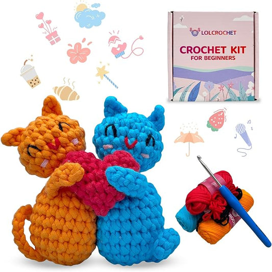Love Heart Cat Crochet Kit for Beginners, Learn to Crochet Animal Starter Set with Video Tutorial & Crocheting Manual, Easy Yarn Knitting Kit for Adult & Kid 12+, Stuffed Kitten Doll Xmas Gift Idea