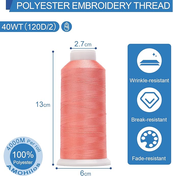 High Tenacity Polyester Embroidery Machine Thread 40WT(120D/2) 4000M Per Spool for Commercial and Domestic Embroidery Machine (Bright Peach-1777)