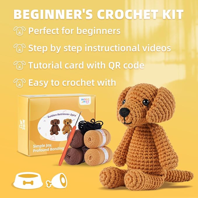 MOREJMTT Crochet Kit for Beginners, Knitting Kits,Crochet Animal Kits,Crocheting Kit for Starters with Step-by-Step Video Tutorials, Beginner Crochet Kits for Adults(2 Pack Golden Retriever)