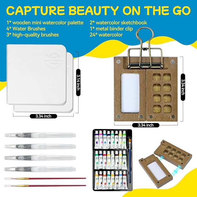 Mini Set, Mini Travel Kit with Wood Palette, Brush & Sketchbook - Portable Art Kit for Artists & Students