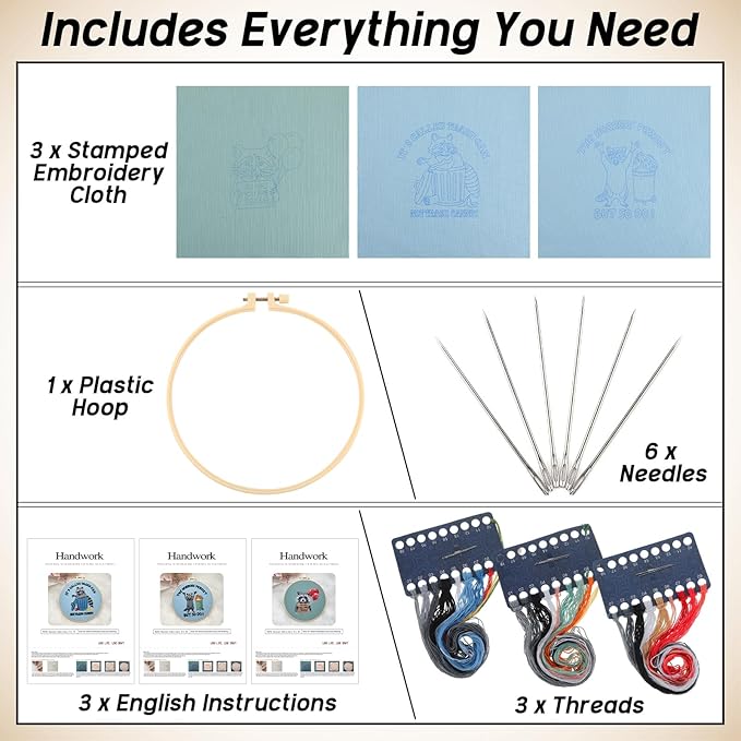 Mindsoft 3 Sets Raccoon Embroidery Kit with Embroidery Hoop Easy Pattern Needlepoint Kit for Beginners and Adults Hand Crafts Needlepoint Set with Needles Thread and Instruction