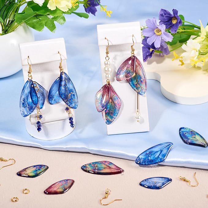 FASHEWELRY 12Pcs Resin Butterfly Wing Charms for Jewelry Making, Pastel Glitter Colorful Insects Wing Pendant Earrings Making Kit Earring Hook Jump Rings