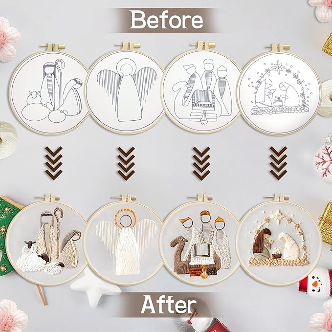 LGLRTD Nativity Embroidery Kits, 4 Sets Christmas Embroidery Kits for Beginners, Cross Stitch Kits for Adults with 4 Hoops, 4 Pattern, 12 Needles, Threads, Tools, DIY Needlepoint Craft Kit (Nativity)