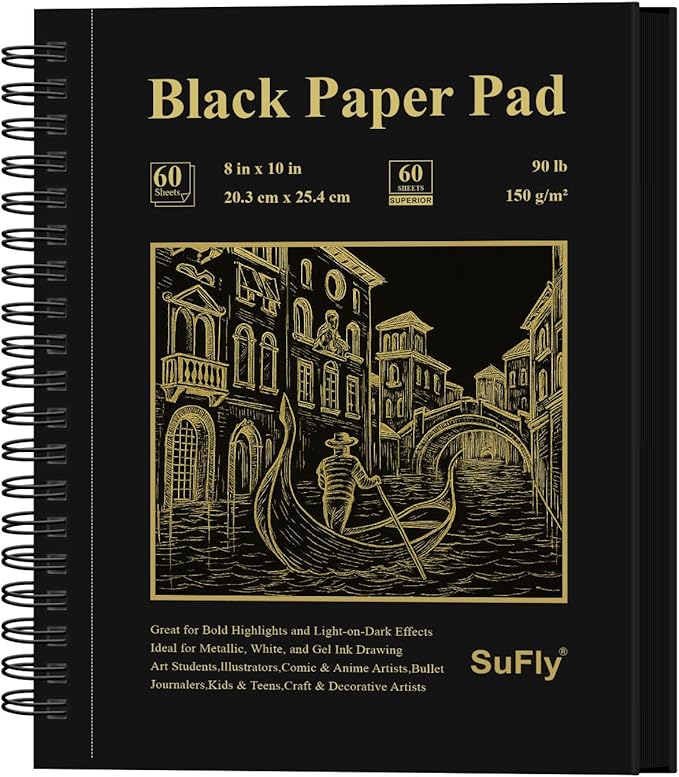 sufly black sketch paper pad, 60 sheets spiral sketch book 8x10, 90lb/150gsm black paper notebook for gel pens | art supplies for teens - gifts for teenage artists.