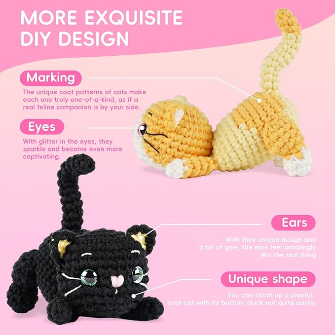 LUDOTEK Crochet Kit for Beginners, Crochet Animal Kits,Crocheting Kit for Starters with Step-by-Step Video Tutorials, Beginner Crochet Kits for Adults(3 Pack cat)