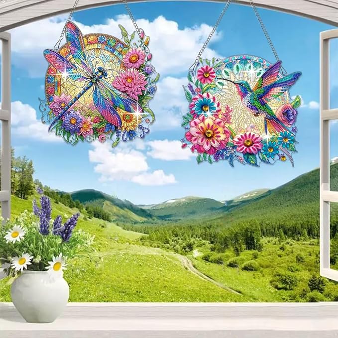 Muzagroo Art 5D Hummingbird Diamond Art Kits for Adults, Hanging Ornament Kits for Windows, DIY Special Shaped Diamond Art Suncathcer, Crystal Window Hanging Pendant Ornament 2PCS (Hummingbird)
