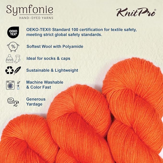 KnitPro Symfonie Fingering Weight Hand Dyed Semi-Solid Yarn Skein | Extra Fine Merino Wool & Polyamide Blend for Knitting & Crocheting, Oeko-TEX Certified 400m, 100g | Terra Tangerine