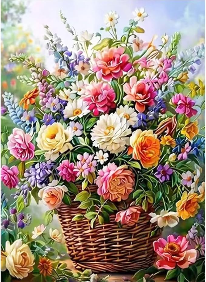 GEMFAMILY Flowers Diamond Art Kits for Adults,Floral Basket Diamond Painting Kits for Beginners,DIY Full Round Drill Diamond Dots Gem Art Crafts Kits for Home Decor 12 x 16 inch