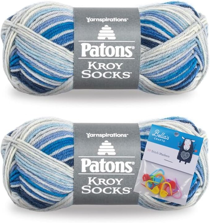 Patons Kroy Socks Yarn 2-Pack Bundle with Bella's Crafts Stitch Markers (Coastal Stripes)