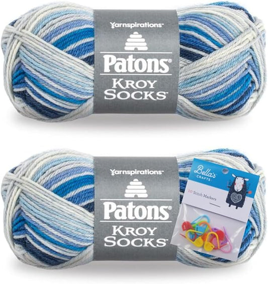 Patons Kroy Socks Yarn 2-Pack Bundle with Bella's Crafts Stitch Markers (Coastal Stripes)