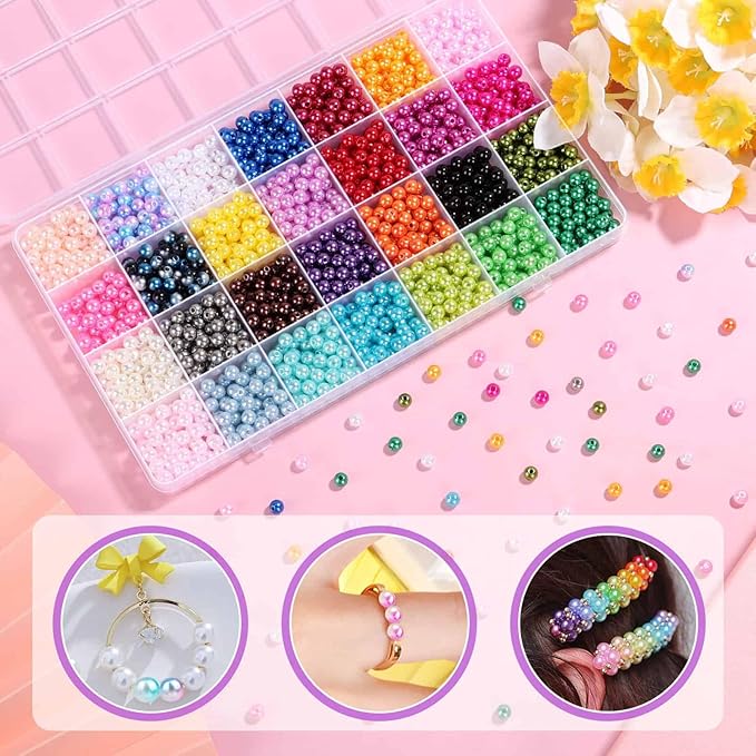 Audab 2240Pcs Pearl Beads for Jewelry Making 28 Colors, Colored Pearl Beads for Bracelets Making, 6mm Shiny Beads Small Round Pearl Bracelet Beads for Crafts, Jewelry Making and for Bracelets Making