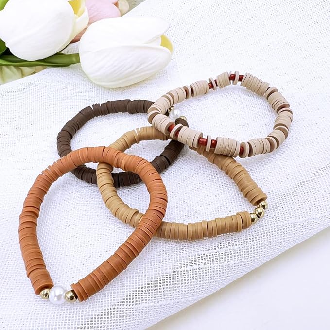 10 Strands Clay Bead, Heishi Beads for Bracelet Stack, Earth Tone Clay Beads for Adults, Flat Beads Kit for Friendship Bracelets, Neutral Beads Bracelet Making Kit(Terracotta)