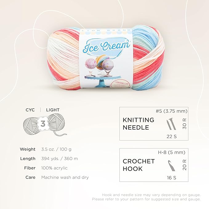 Lion Brand Yarn, Ice Cream Baby Yarn for Knitting, Crochet, and Crafts, Twinberry Cheesecake, 1 Pack, DK Weight Colorful Acrylic Fiber for Baby Blankets, Hats, and Sweaters