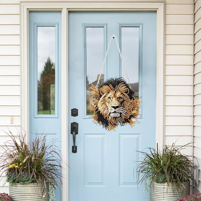 Genius maker Lion Diamond Art Hanging Kits for Adults, Animal Diamond Painting Pendant Kits, DIY Acrylic 5D Special Shaped Crystal Diamonds Gem Art Painting Ornament for Home Wall Decor Gift 8x8 Inch