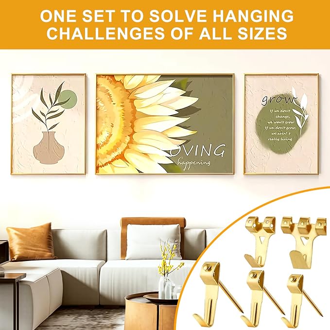 KURUI Picture Hangers, 385Pcs Picture Hanging Kit with Heavy Duty Picture Hanging Hooks, Sawtooth, Hardware Nails and Picture Hanging Tool, Wall Hangers for Frame, Painting, Art, Photo (Gold)