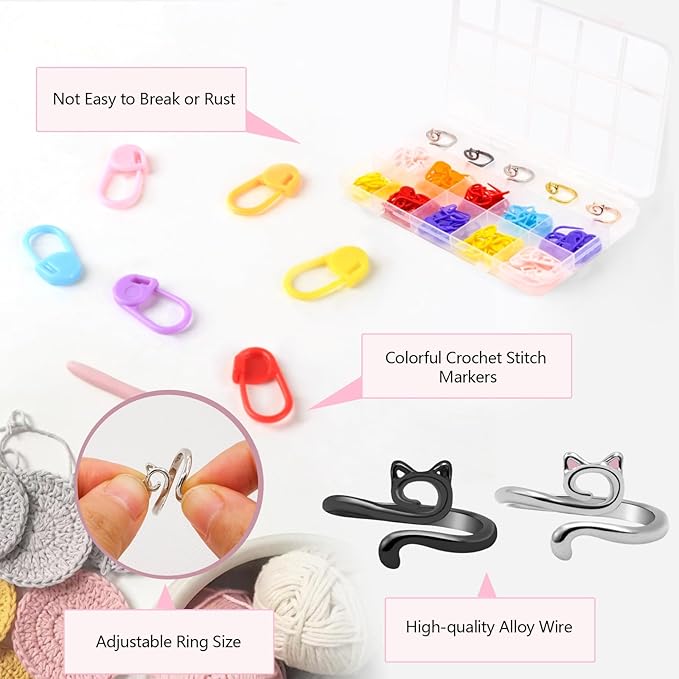LBU 5Pcs Crochet Ring + 100Pcs Stitch Markers Adjustable Crochet Tension Rings for Finger Handmade Open Yarn Guide Crocheting Rings Knitting Accessories with Box Crochet for Crocheters Knitters(Cat)