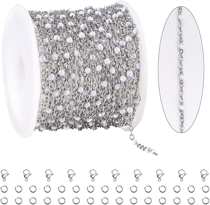 5 Meters Long Stainless Steel Silver Chains for Jewelry Making White Beaded Decorative Jewelry Bulk Small Enamel Chain Spool with Connectors for Women Men DIY Crafts