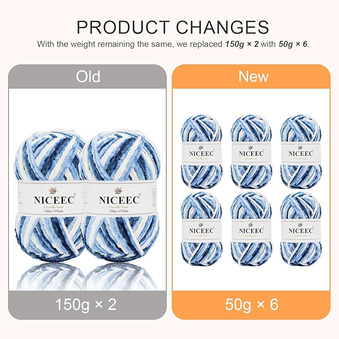 NICEEC 2 Skeins Soft Chenille Yarn Blanket Yarn for Knitting Fancy Yarn for Crochet Weaving DIY Craft Total Length 2×255m (2×279yds, 2×150g)_Blue White