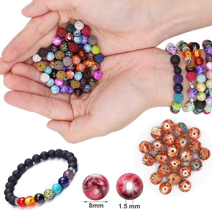 EuTengHao 846Pcs Lava Stone Beads Rock Loose Beads Cloisonne Beads Kit with Ink Patterns Chakra Beads Spacer Pendants Beads for Diffuser Essential Oils Adult DIY Bracelet Jewelry Making Supplies