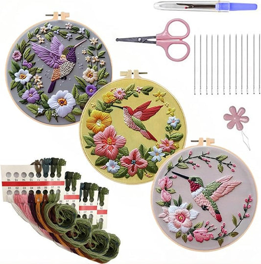LB 3 Pack Hummingbird Flower Embroidery Kit for Beginners Funny Simple Beginner Embroidery Kit for Adults DIY Starter Kit with Embroidery Hoop Colorful Threads Tools Step by Step Instructions