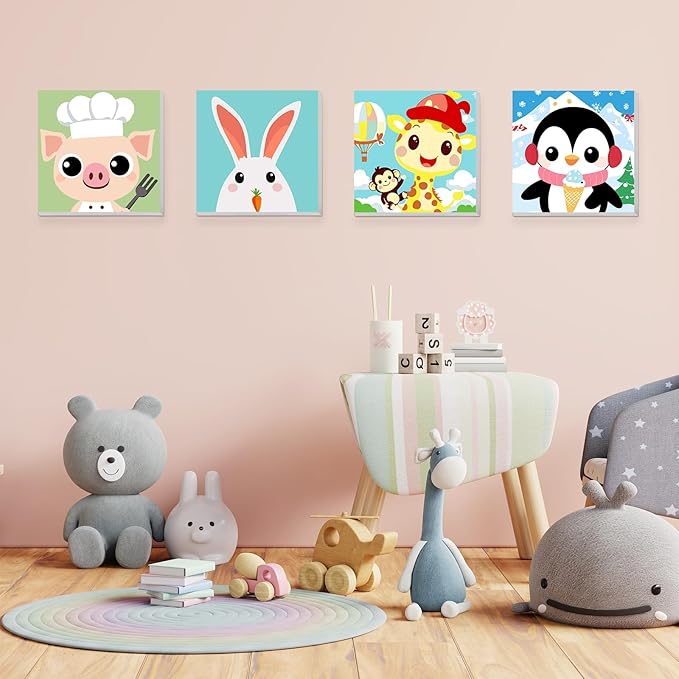 KEYIFA 4 Pack Framed Paint by Numbers Kit for Kids Age 6-12, Easy Animal Paintings for Adult Beginner, Framed Acrylic Canvas Painting for Home Decor Children Gift, 8x8 in (Giraffe+Rabbit+Pig+Penguin)