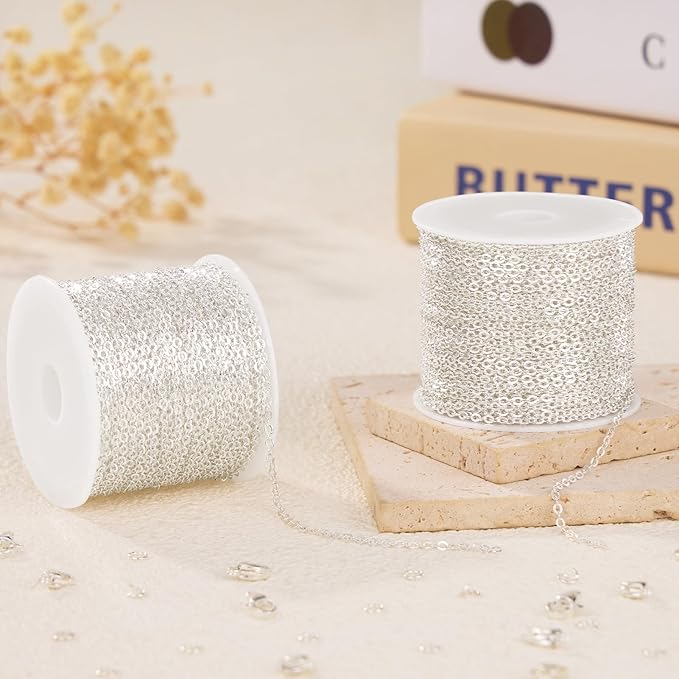 Crisjanggo 2 Rolls 65.6 Feet Stainless Steel Silver Chains for Jewelry Making Silver Plated Chain Roll Necklace Bracelet Jewelry Supplies for Women DIY