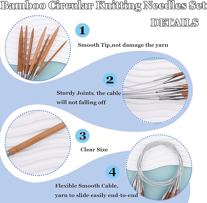 Hobekoee Bamboo Knitting Needles Set,36Pcs 9.8" Straight Single Pointed Bamboo Knitting Needles Set and 8Pcs 32" Circular Knitting Needles Kit with Storage Bag for Beginners Knitting Lovers