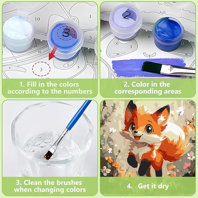 Reivworl Paint by Numbers Kit for Kids with Frame and Easel, Fox Paint by Number for Kids Age 6-8-12, Paint by Numbers Kits for Gifts and Home Decor - 8X8Inch