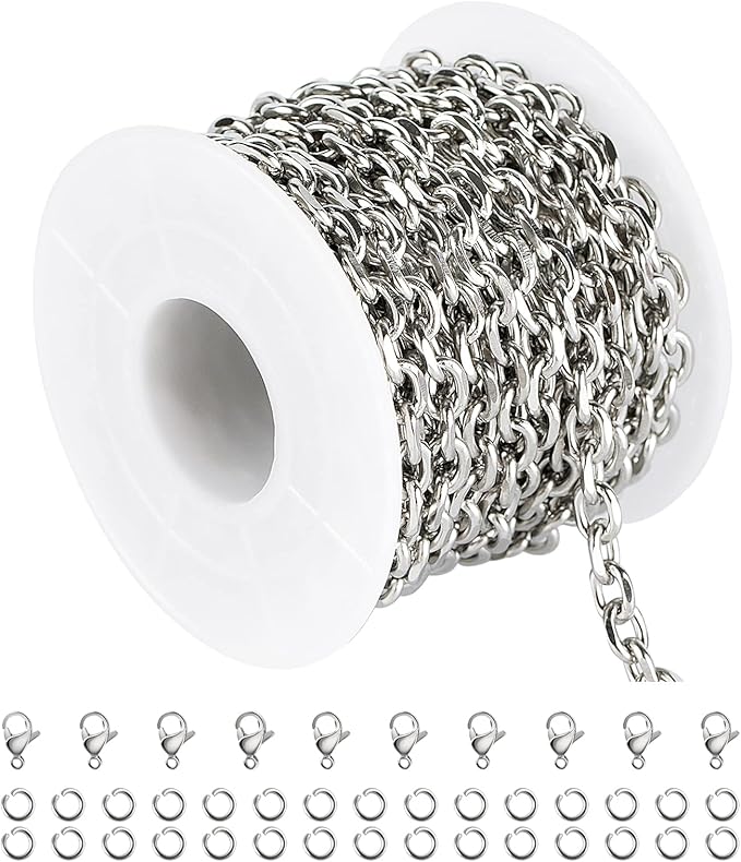 YOUBEIYEE 304 Stainless Steel Cable Chain for Jewelry Making, 16.4 Feet Silver Necklace Chains Bulk with 30pcs Open Jump Rings and 10pcs Lobster Clasps