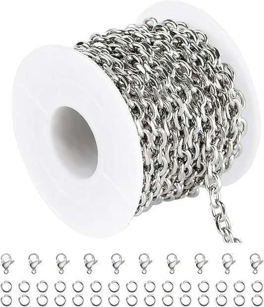 YOUBEIYEE 304 Stainless Steel Cable Chain for Jewelry Making, 16.4 Feet Silver Necklace Chains Bulk with 30pcs Open Jump Rings and 10pcs Lobster Clasps