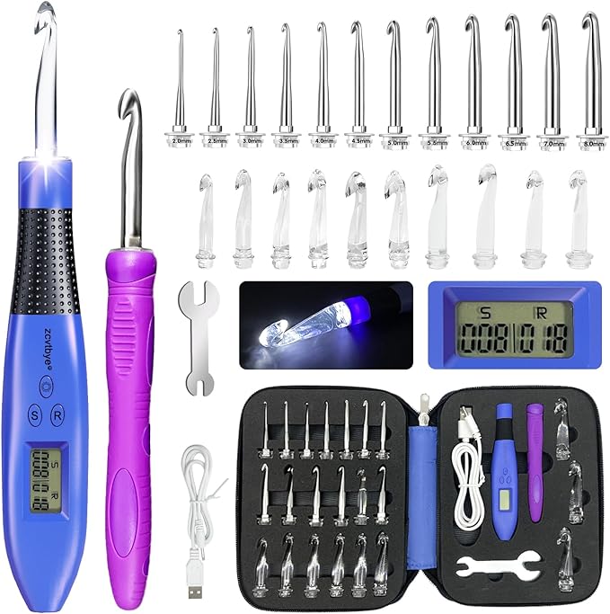 22 Size Crochet Hook Set with Light & Digital Counter, Ergonomic for Arthritic Hands, 2.0–14.0 mm Interchangeable Hooks, Rechargeable and Beginner-Friendly
